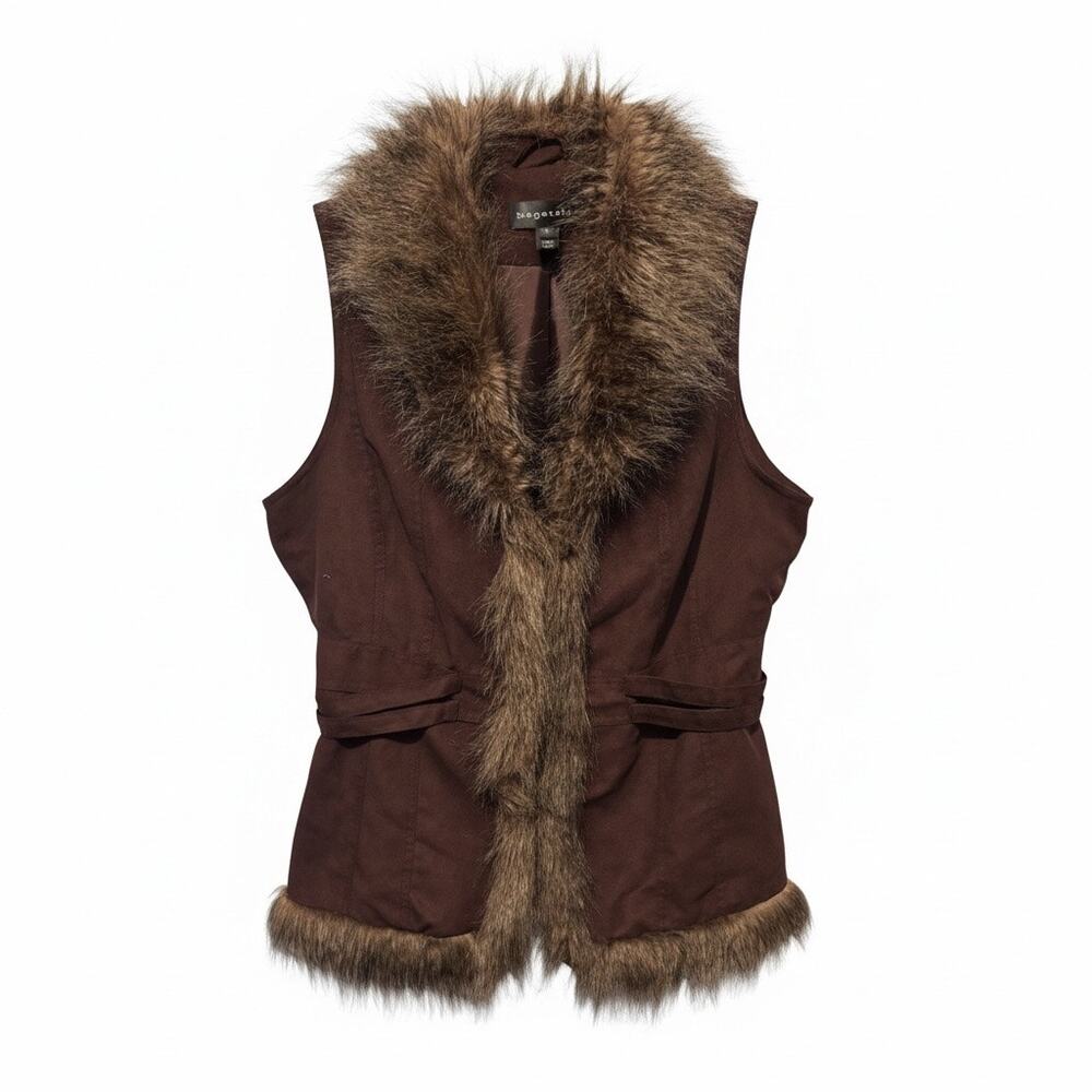 Bagatelle Medium Brown Faux Suede Faux Fur Trim Vest Boho Western